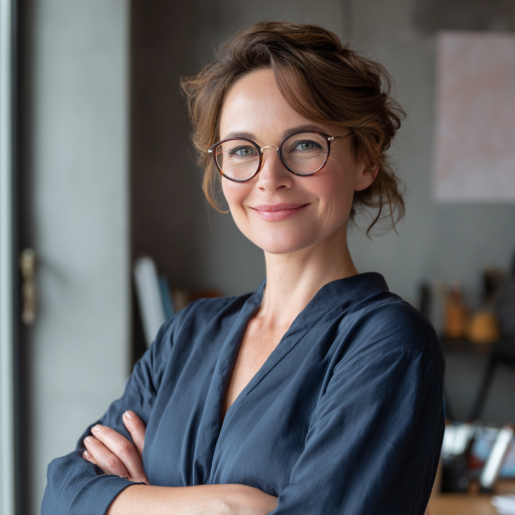 Щаслива жінка європейської зовнішності середнього віку тримає тарілку зі свіжими овочами та фруктами, усміхається, демонструючи здоровий спосіб життя