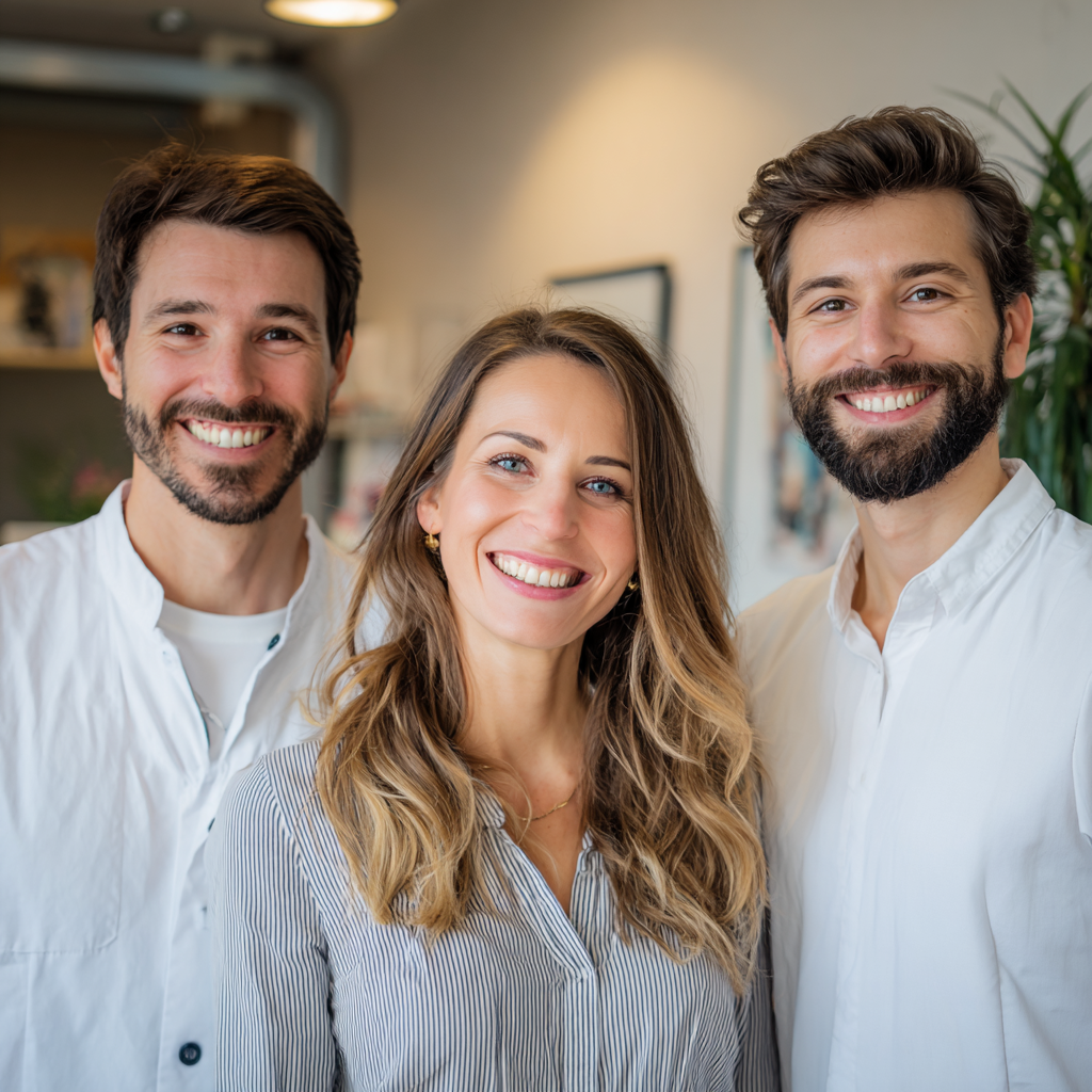 Команда професіоналів з харчування європейської зовнішності, усміхаються та демонструють професійний підхід до здорового харчування